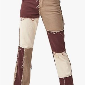 Brown Patchwork Denim Boyfriend Jeans